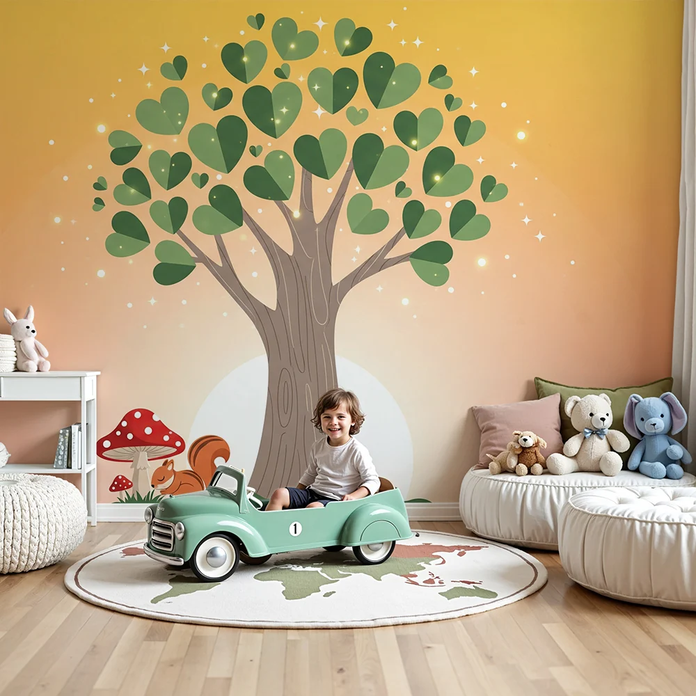Tapety dla dzieci | Drzewo z liśćmi w kształcie serca i wiewiórka pod pastelowym niebem