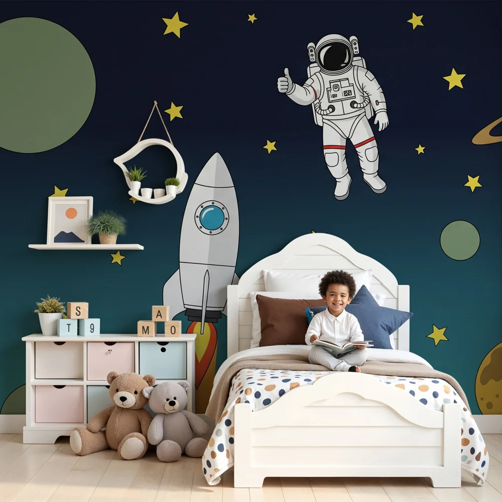 Tapety dla dzieci | Eksploracja kosmosu z astronautą i rakietą
