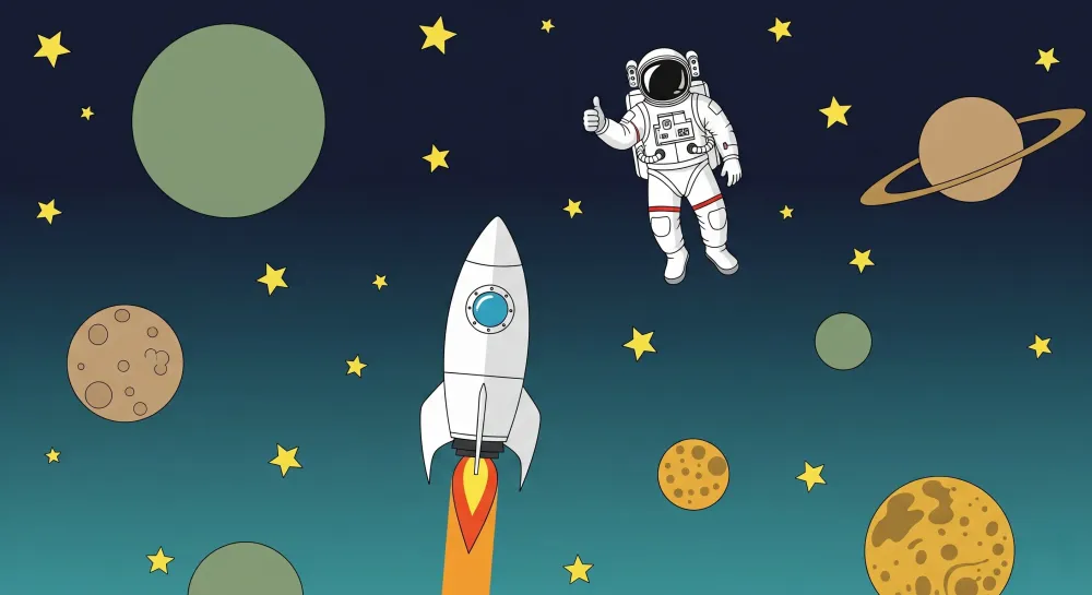 Tapety dla dzieci | Eksploracja kosmosu z astronautą i rakietą