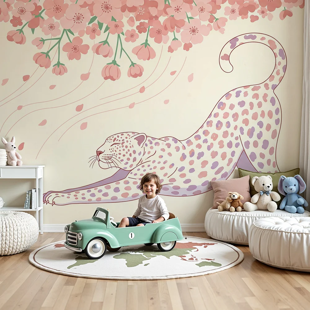 Tapety dla dzieci | Elegancki leopard pod kwitnącą wiśnią