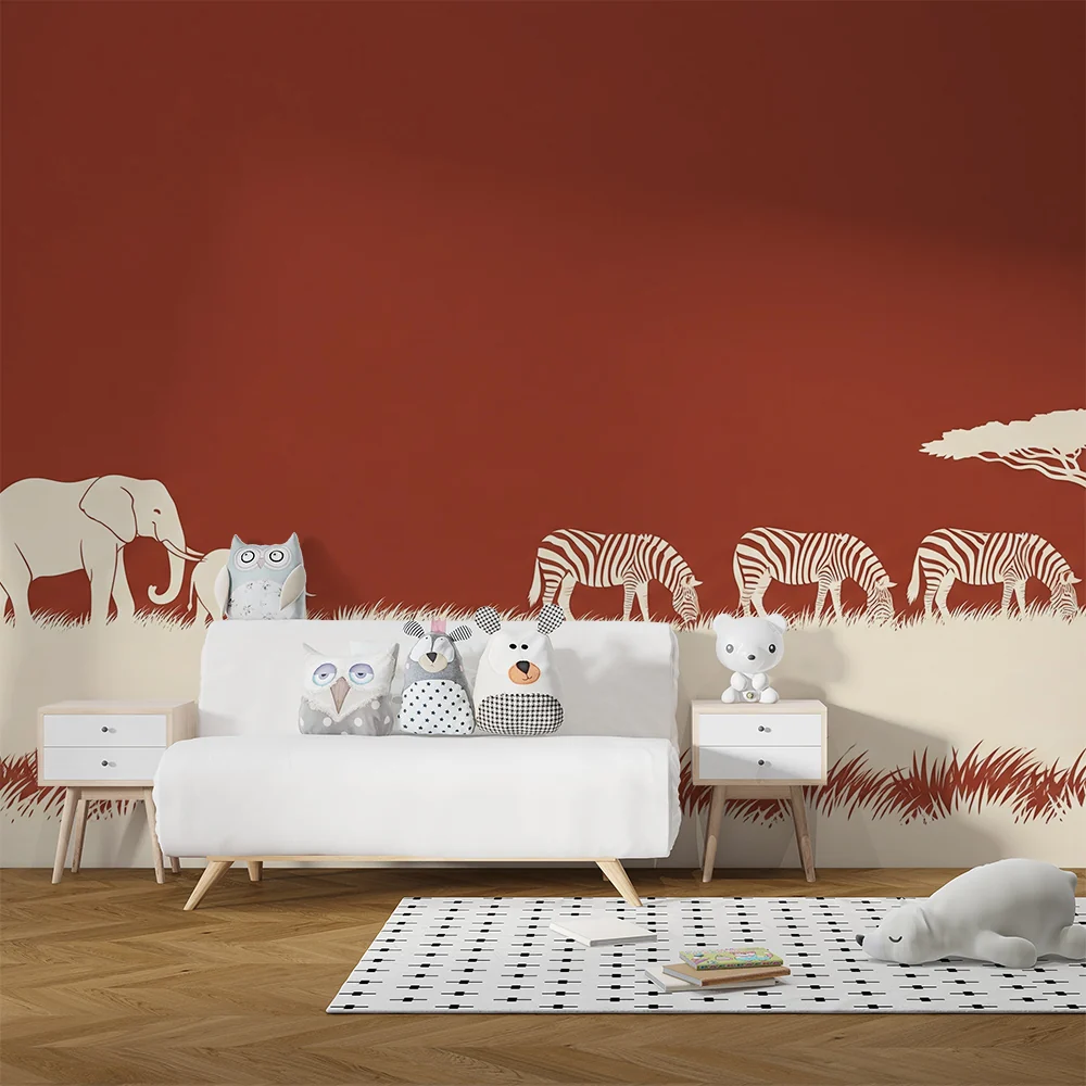 Tapety dla dzieci | Eleganckie słonie i zebry na tle terrakoty