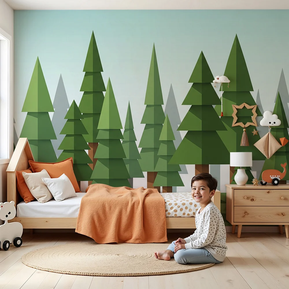 Tapety dla dzieci | Geometryczny las z stylizowanymi drzewami