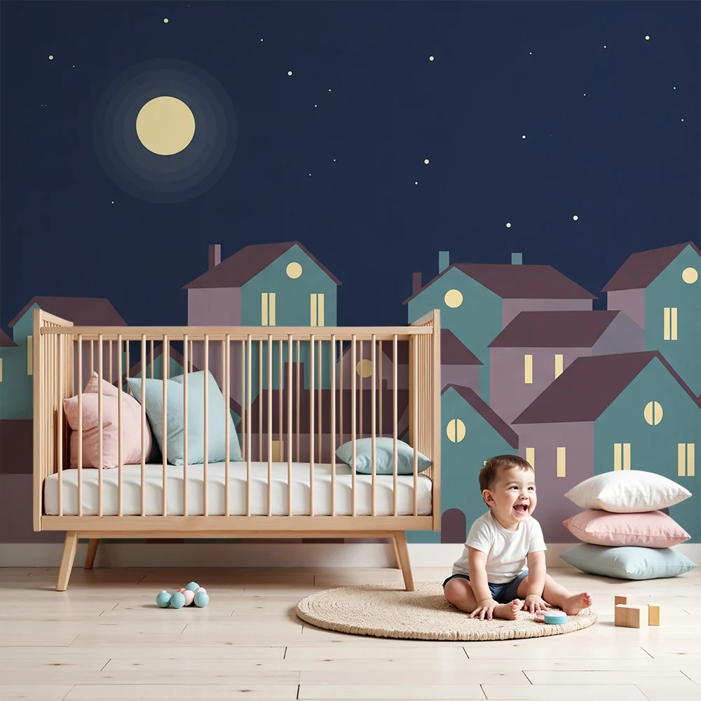 Tapety dla dzieci | Gwiazdzista noc nad spokojną wioską