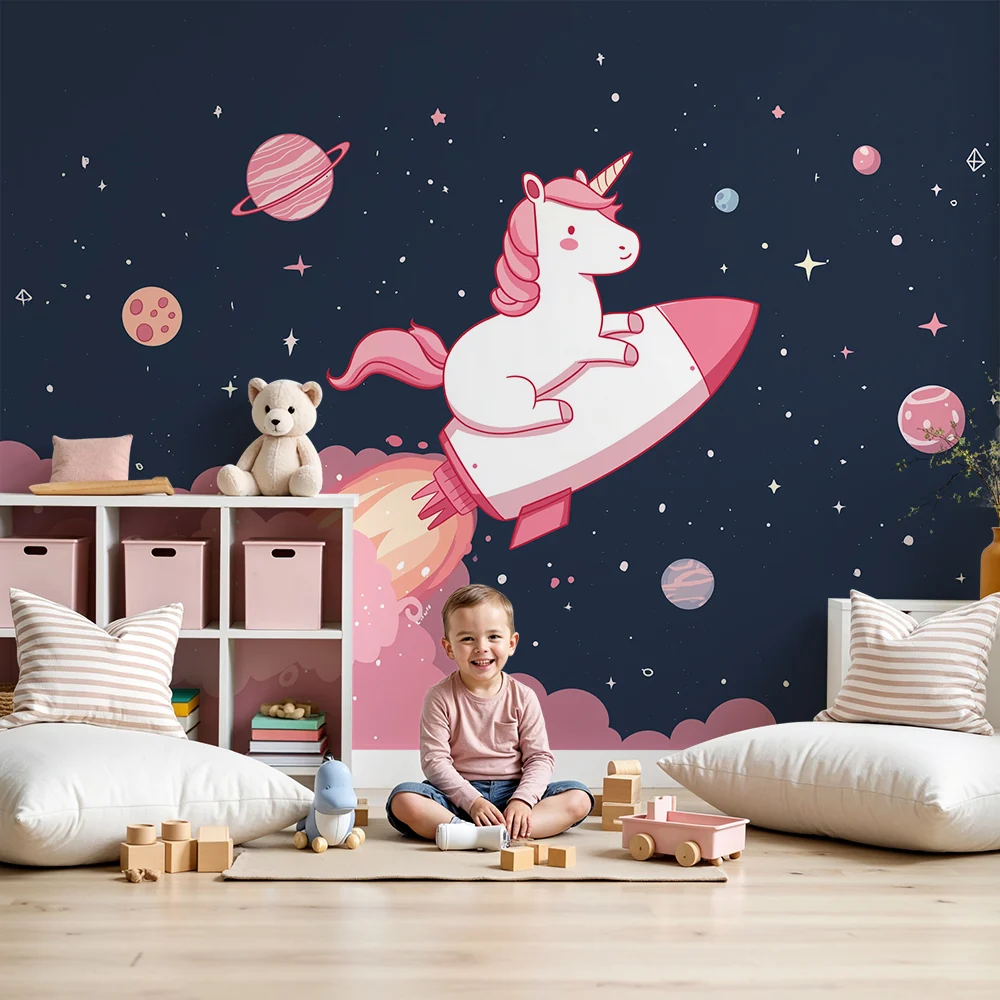 Tapety dla dzieci | Jednorożec podróżujący w kosmosie z rakietą i kolorowymi planetami