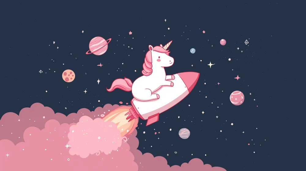 Tapety dla dzieci | Jednorożec podróżujący w kosmosie z rakietą i kolorowymi planetami