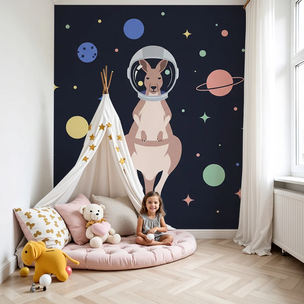 Tapety dla dzieci | Kangur astronauta w kolorowej kosmicznej przestrzeni