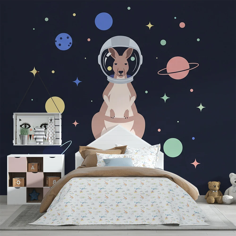Tapety dla dzieci | Kangur astronauta w kolorowej kosmicznej przestrzeni