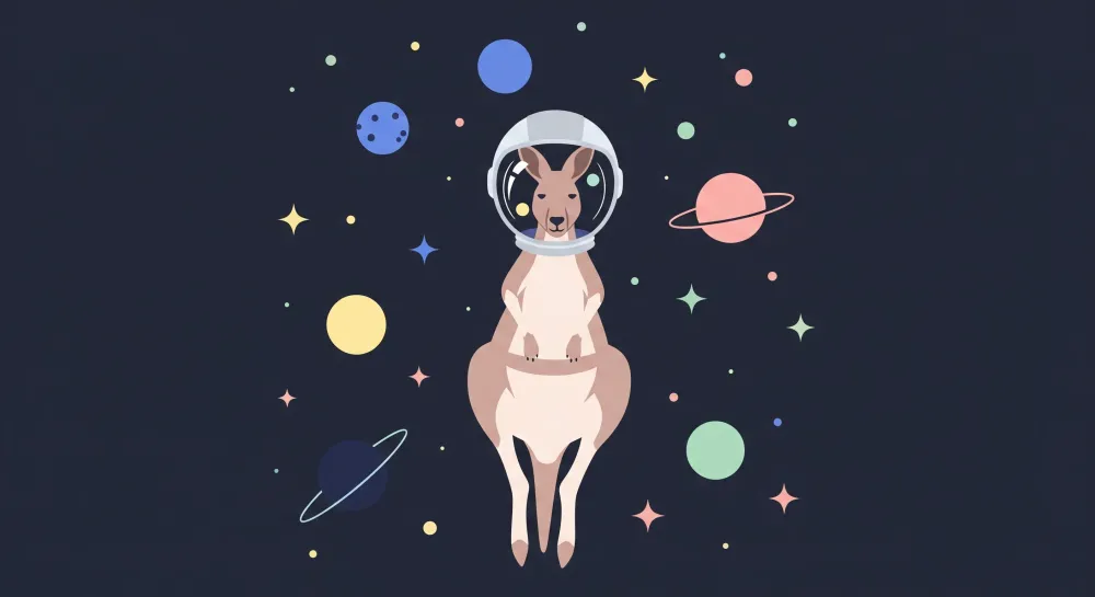 Tapety dla dzieci | Kangur astronauta w kolorowej kosmicznej przestrzeni