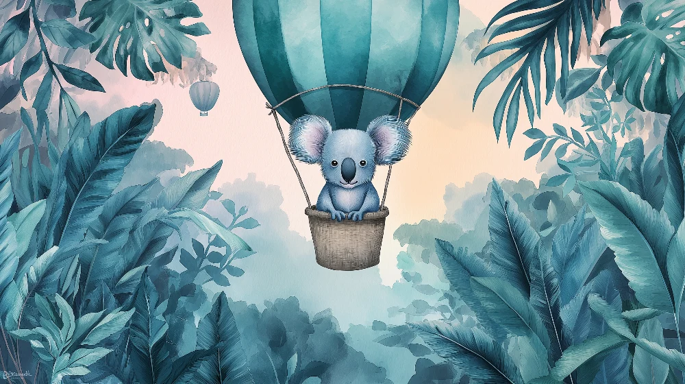 Tapety dla dzieci | Koala w balonie nad tropikalną dżunglą