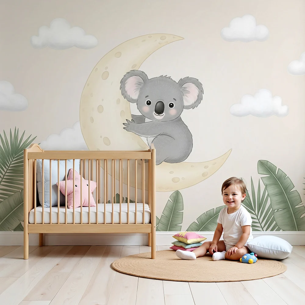 Tapety dla dzieci | Koala na księżycu i tropikalne liście