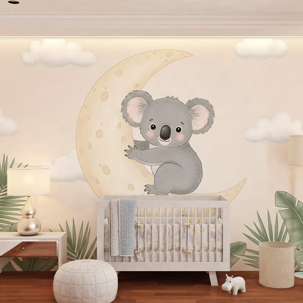 Tapety dla dzieci | Koala na księżycu i tropikalne liście