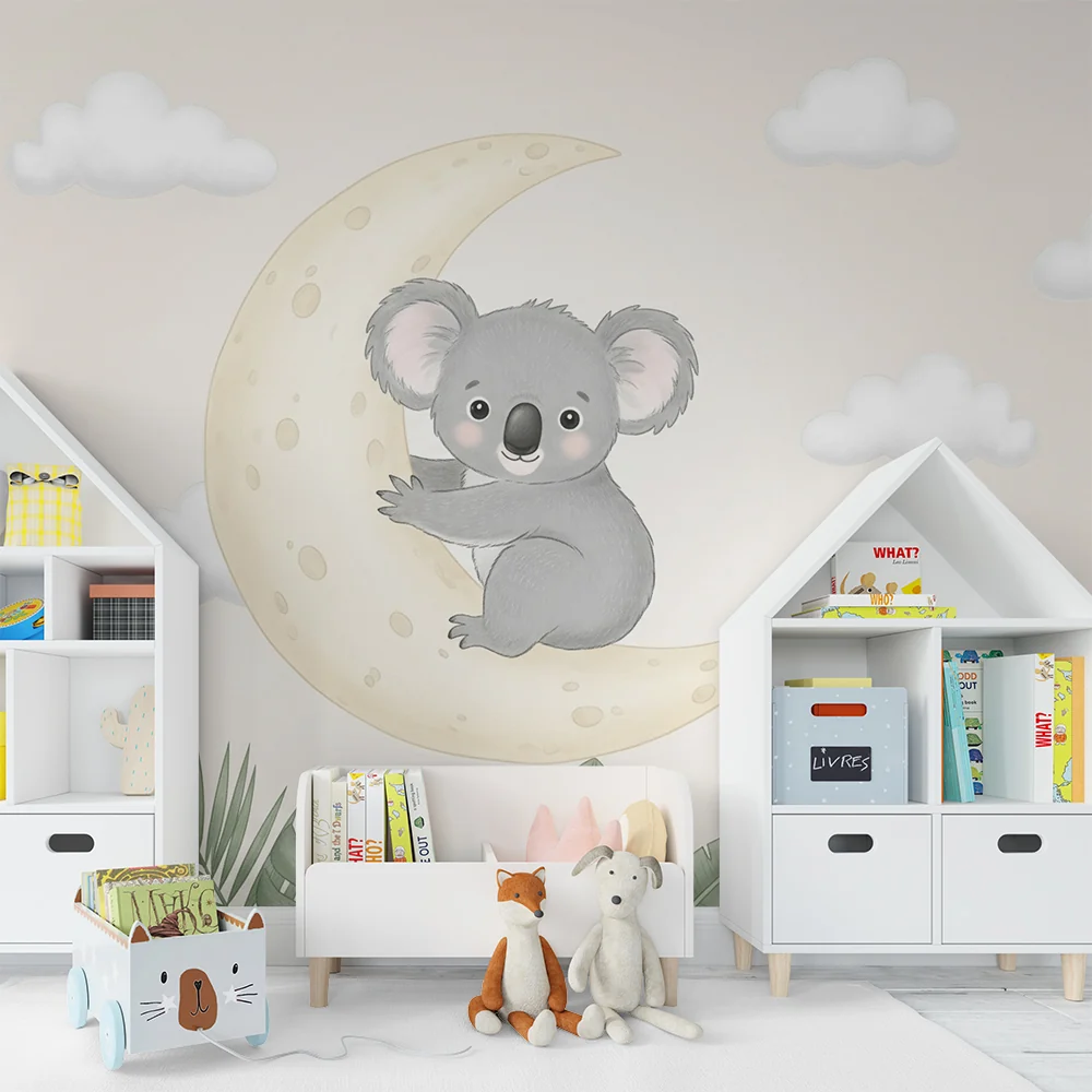 Tapety dla dzieci | Koala na księżycu i tropikalne liście