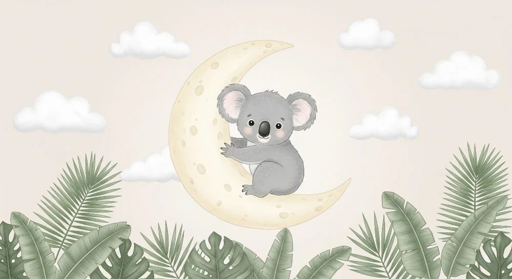 Tapety dla dzieci | Koala na księżycu i tropikalne liście