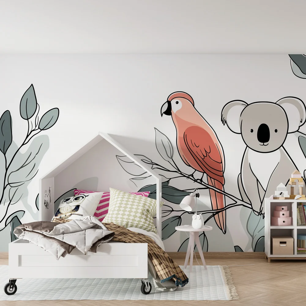 Tapety dla dzieci | Koala i papuga na tle liści
