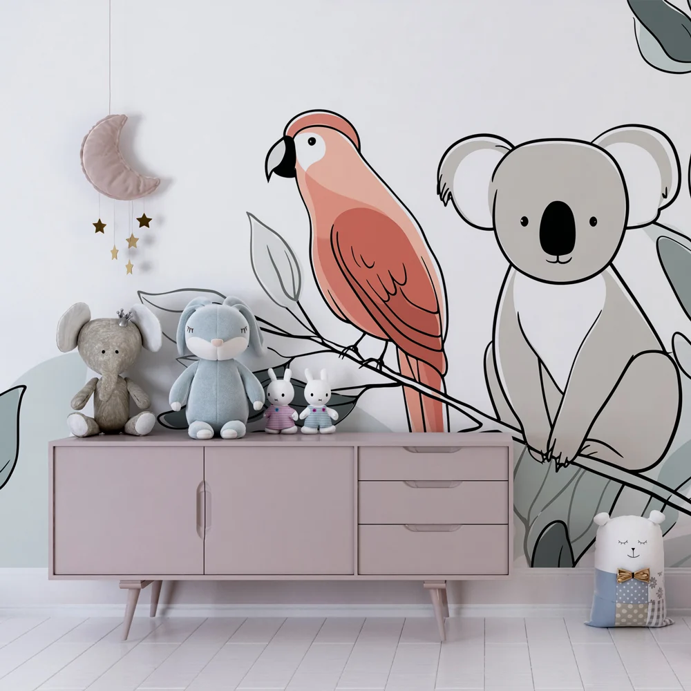Tapety dla dzieci | Koala i papuga na tle liści