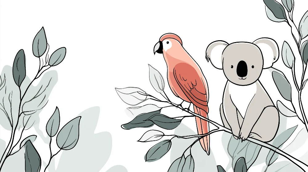 Tapety dla dzieci | Koala i papuga na tle liści