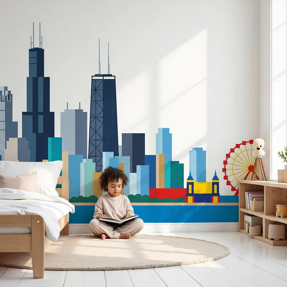 Tapety dla dzieci | Kolorowa panorama Chicago z dużym kołem i charakterystycznymi budynkami