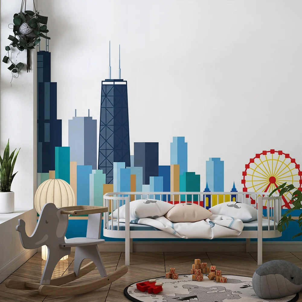 Tapety dla dzieci | Kolorowa panorama Chicago z dużym kołem i charakterystycznymi budynkami