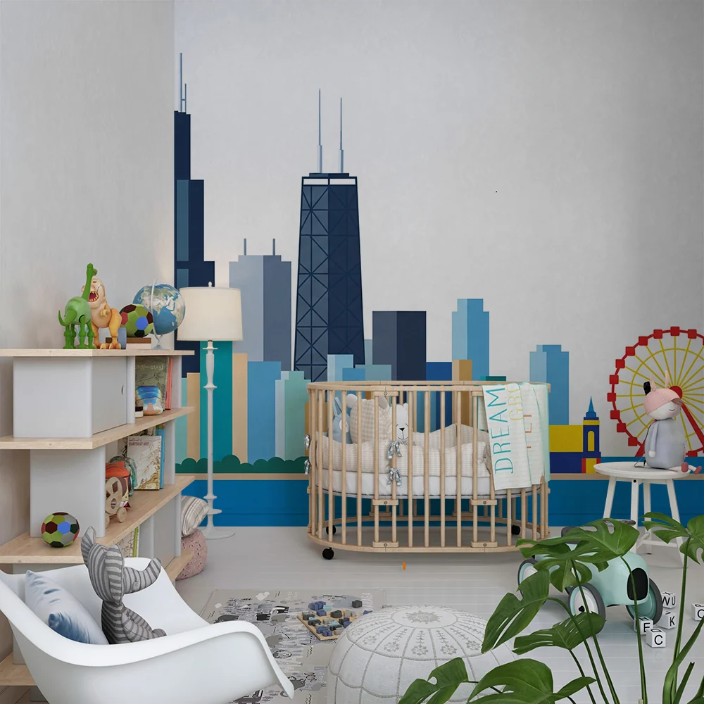 Tapety dla dzieci | Kolorowa panorama Chicago z dużym kołem i charakterystycznymi budynkami