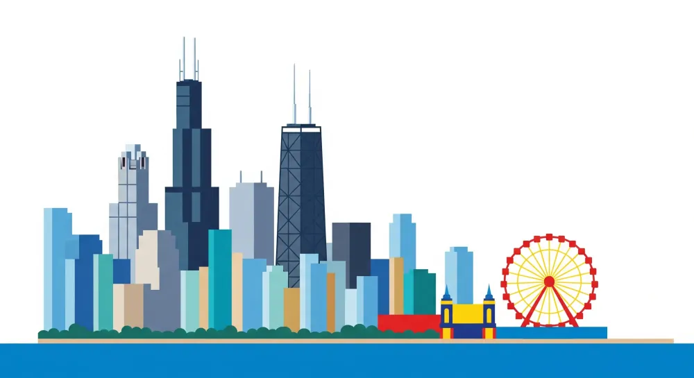 Tapety dla dzieci | Kolorowa panorama Chicago z dużym kołem i charakterystycznymi budynkami