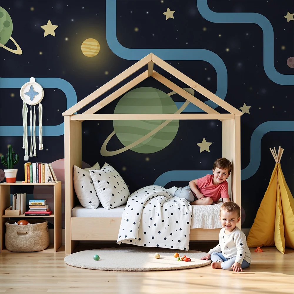Tapety dla dzieci | Kolorowa przestrzeń kosmiczna z planetami i gwiazdami