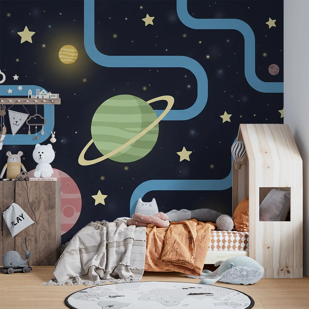 Tapety dla dzieci | Kolorowa przestrzeń kosmiczna z planetami i gwiazdami