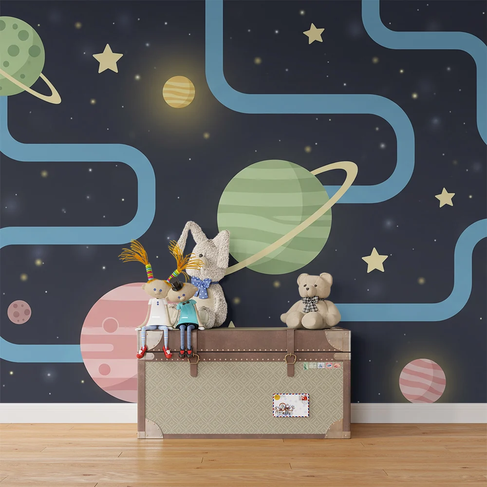 Tapety dla dzieci | Kolorowa przestrzeń kosmiczna z planetami i gwiazdami