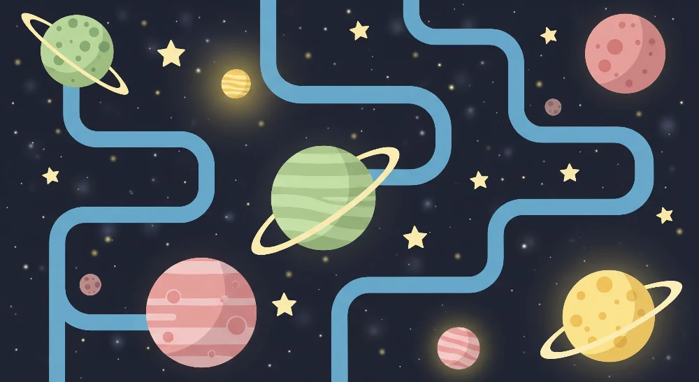 Tapety dla dzieci | Kolorowa przestrzeń kosmiczna z planetami i gwiazdami
