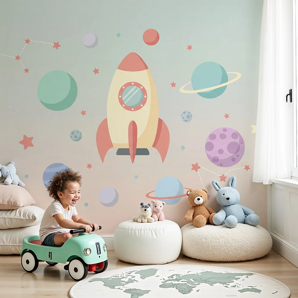 Tapety dla dzieci | Kolorowa rakieta i kosmiczny wszechświat z planetami i gwiazdami