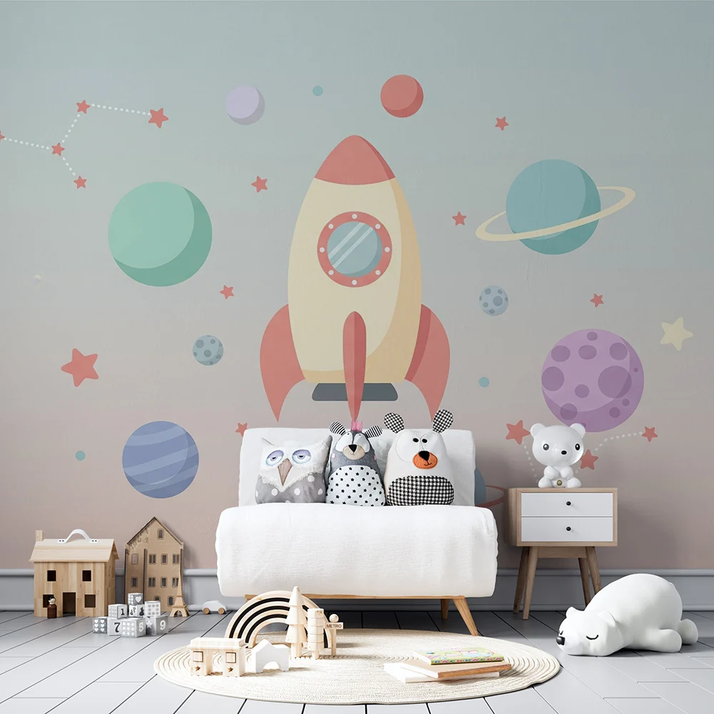 Tapety dla dzieci | Kolorowa rakieta i kosmiczny wszechświat z planetami i gwiazdami