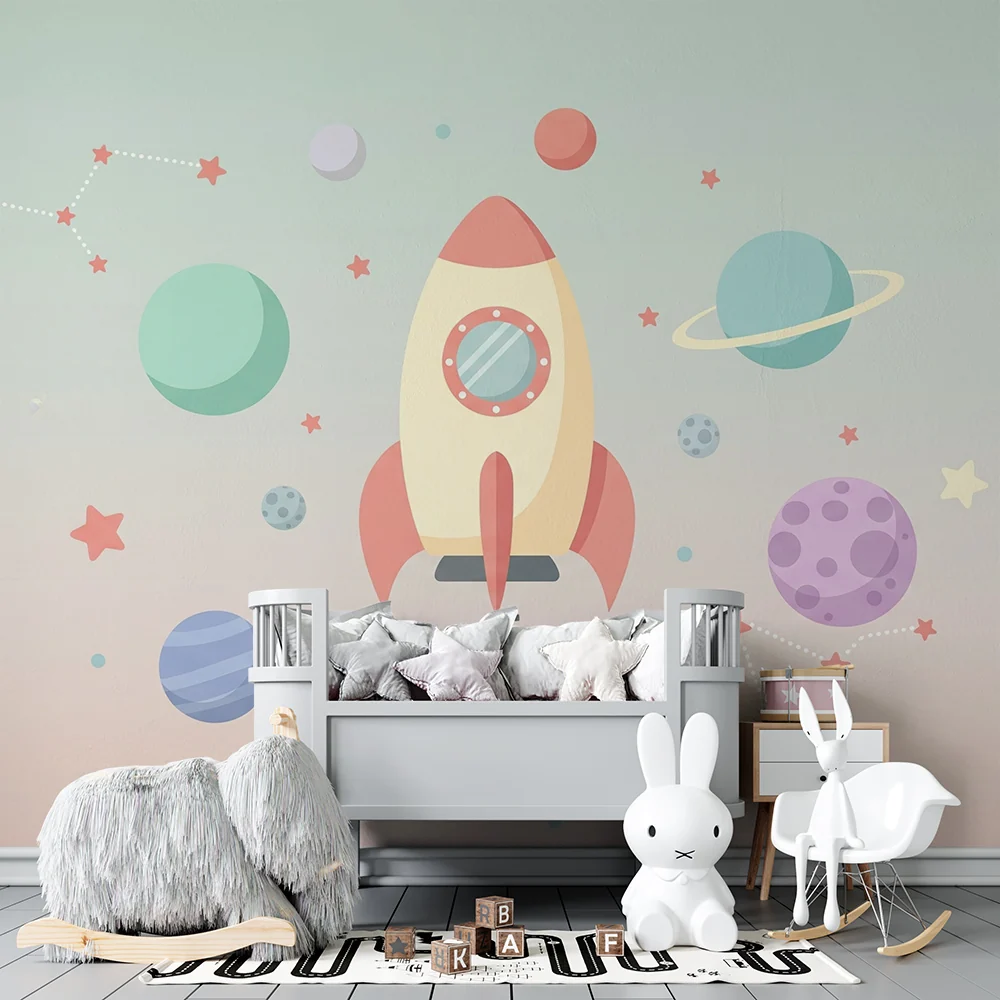 Tapety dla dzieci | Kolorowa rakieta i kosmiczny wszechświat z planetami i gwiazdami