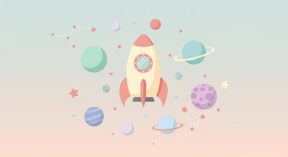 Tapety dla dzieci | Kolorowa rakieta i kosmiczny wszechświat z planetami i gwiazdami