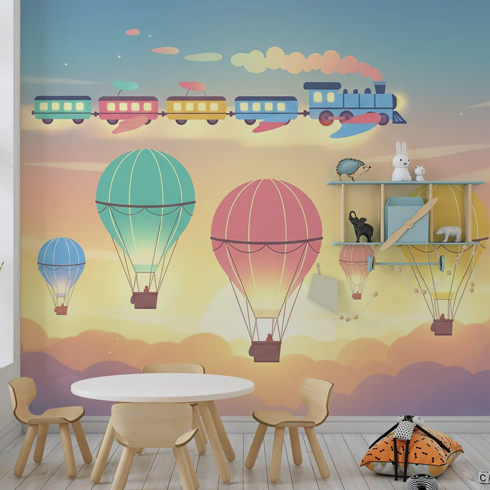 Tapety dla dzieci | Kolorowe balony i pociąg na pastelowym niebie