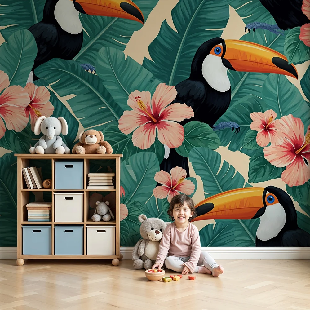 Tapety dla dzieci | Kolorowe tukany i hibiskusy w bujnej dżungli
