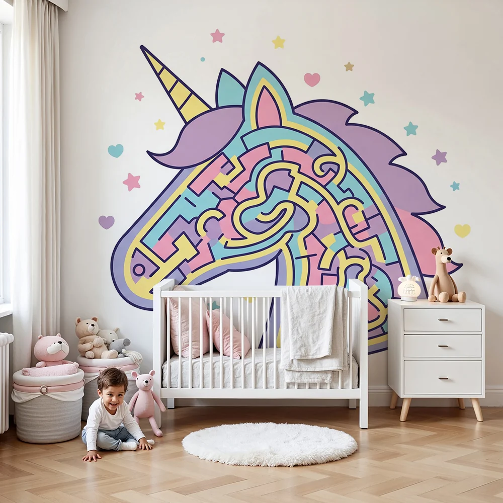 Tapety dla dzieci | Kolorowy jednorożec z magicznym labiryntem
