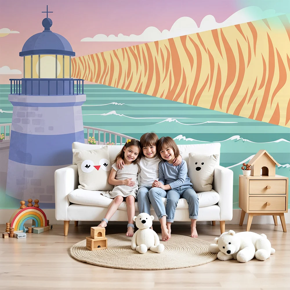 Tapety dla dzieci | Kolorowy latarnia morska i stylizowany ocean z odważnymi wzorami