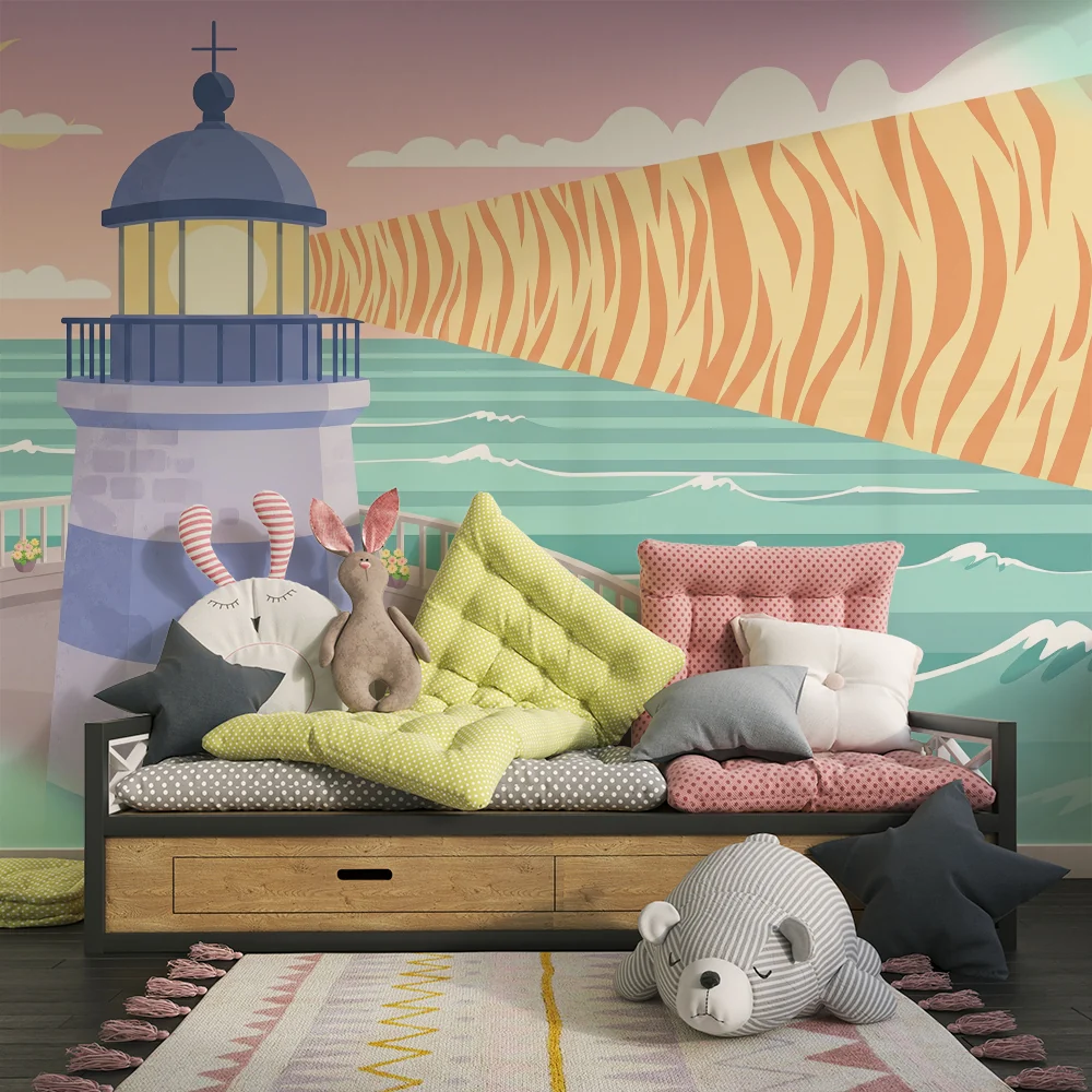 Tapety dla dzieci | Kolorowy latarnia morska i stylizowany ocean z odważnymi wzorami