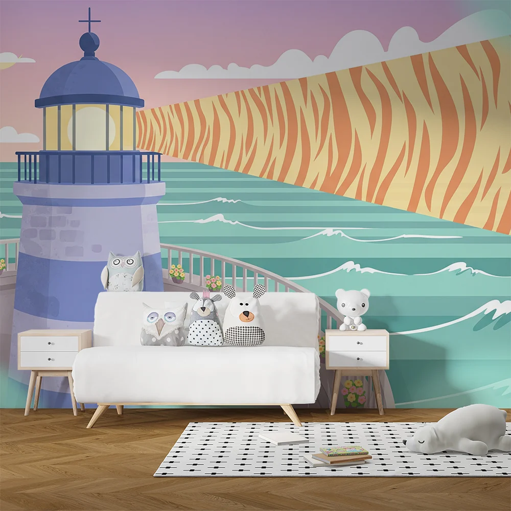 Tapety dla dzieci | Kolorowy latarnia morska i stylizowany ocean z odważnymi wzorami