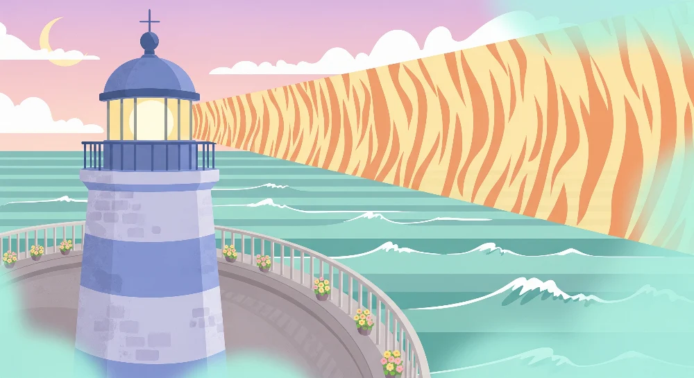 Tapety dla dzieci | Kolorowy latarnia morska i stylizowany ocean z odważnymi wzorami