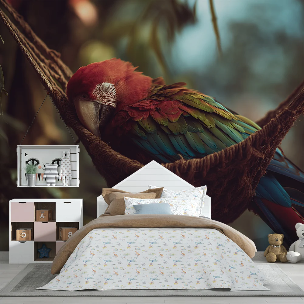 Tapety dla dzieci | Kolorowy papuga odpoczywająca w tropikalnej hamaku