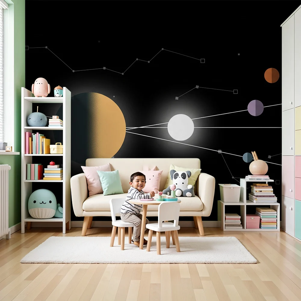 Tapety dla dzieci | Kosmiczny motyw z kolorowymi planetami i gwiazdozbiorami