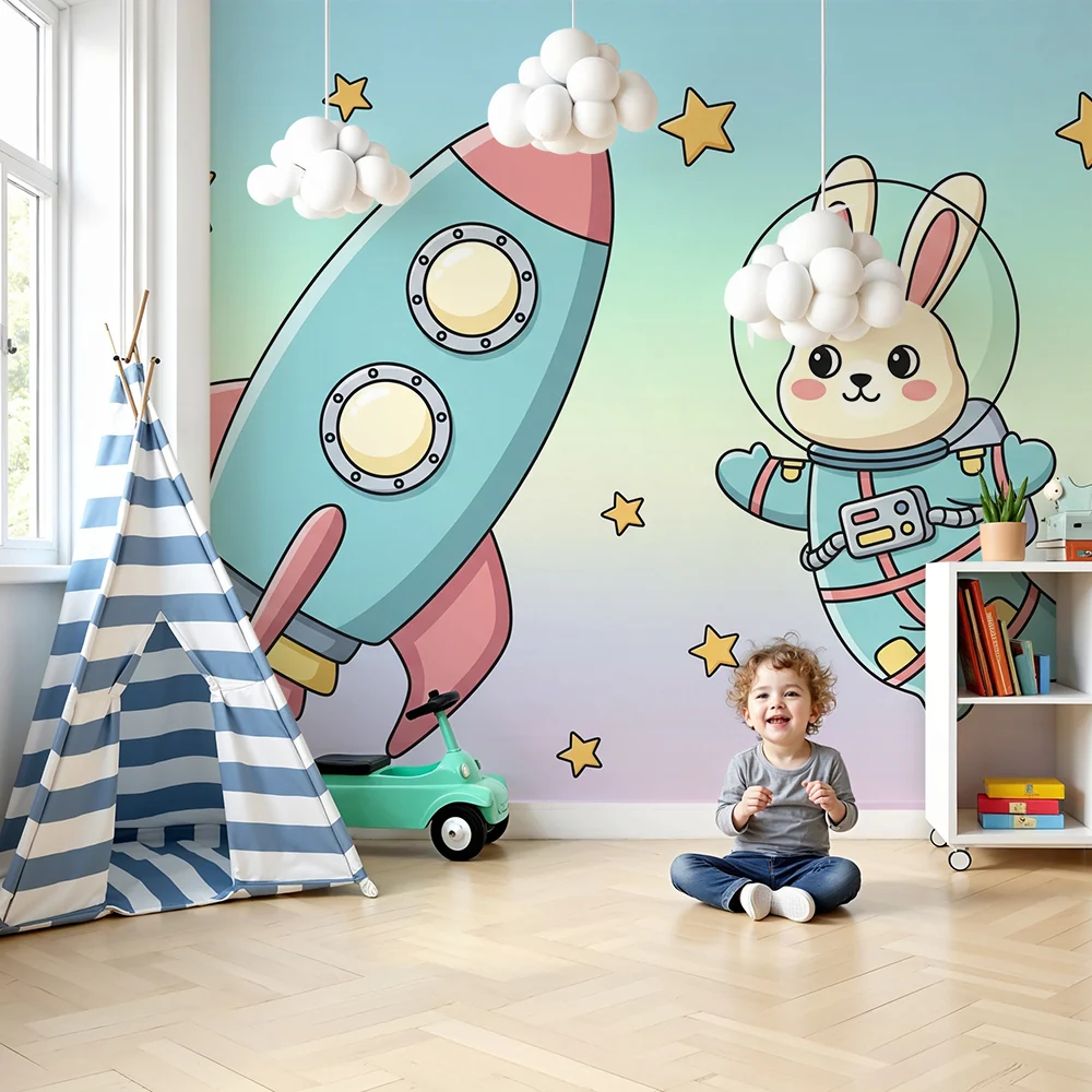Tapety dla dzieci | Króliczek astronauta i rakieta na gwieździstym niebie