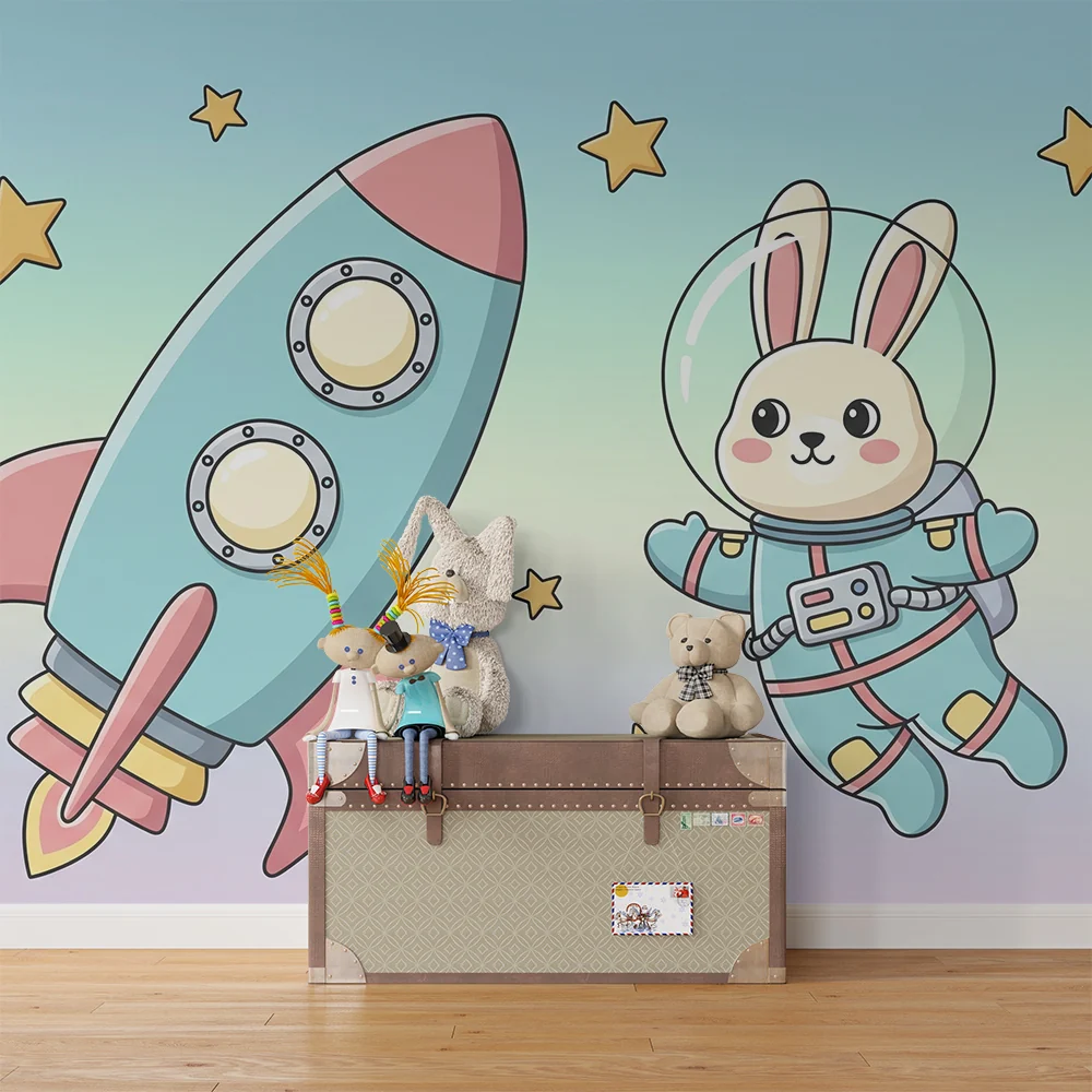 Tapety dla dzieci | Króliczek astronauta i rakieta na gwieździstym niebie