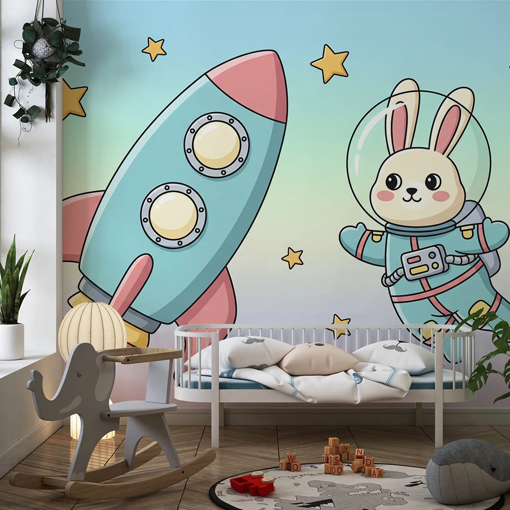 Tapety dla dzieci | Króliczek astronauta i rakieta na gwieździstym niebie