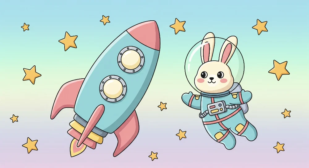 Tapety dla dzieci | Króliczek astronauta i rakieta na gwieździstym niebie