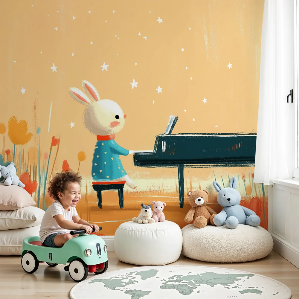 Tapety dla dzieci | Króliczek muzykujący na pianinie w kwietnym polu