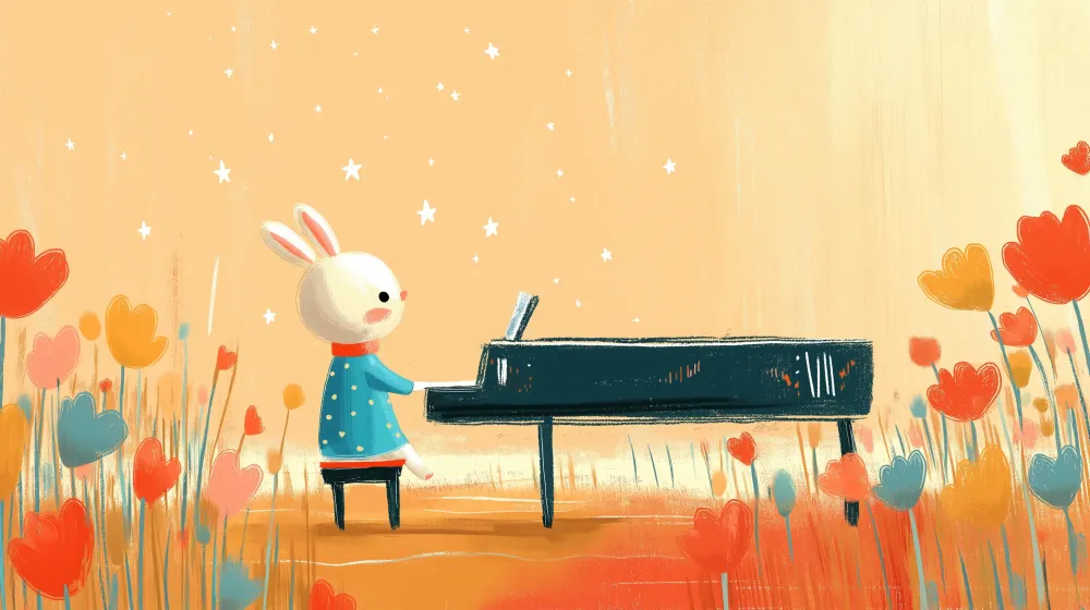 Tapety dla dzieci | Króliczek muzykujący na pianinie w kwietnym polu
