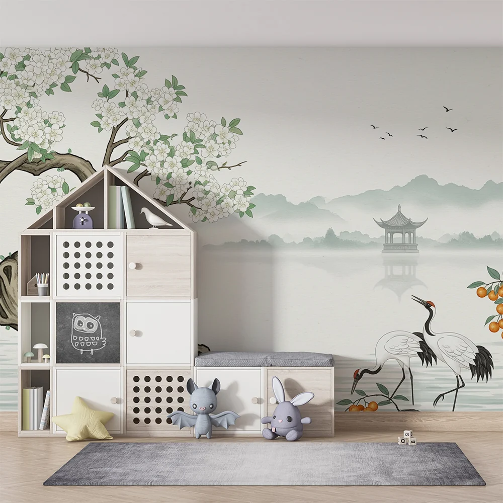 Tapety dla dzieci | Kwitnące drzewo i żurawie nad wodą