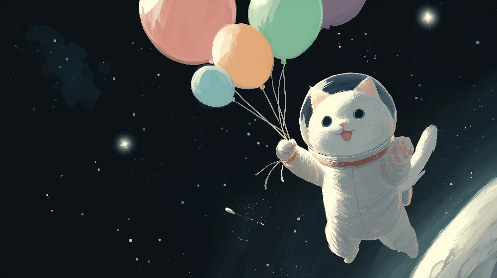 Tapety dla dzieci | Latający kosmiczny kot z kolorowymi balonami w kosmosie