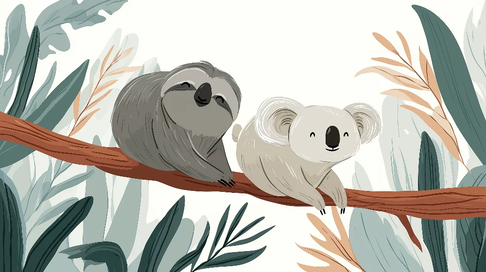 Tapety dla dzieci | Leniwy i koala na gałęzi pośród roślinności